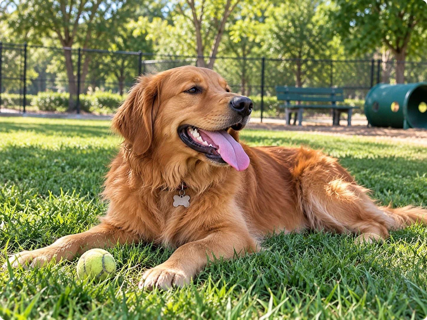 Happy Golden Retriever resting on green grass with its tongue out beside a tennis ball at a fenced dog park with benches and play equipment.